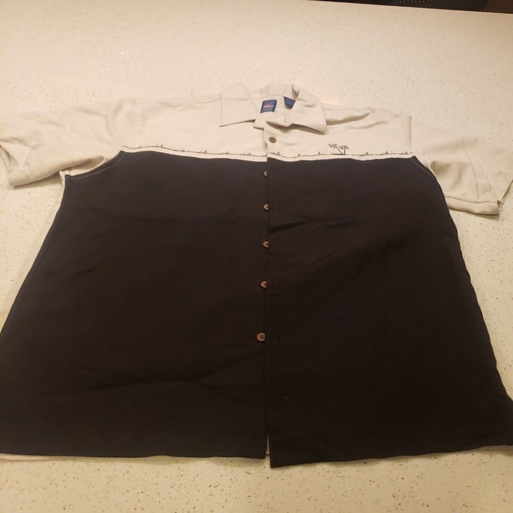 Men's Jantzen Button Front Shirt L short sleeve black tan tropical palm trees